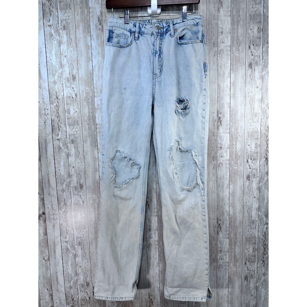 Free People High Rise Distressed Bleached Wash‎ Straight Leg Jeans Womens 28